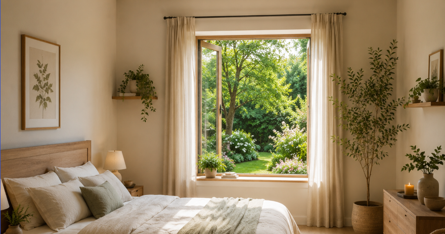 Chambre Vue d'une chambre dont la fenêtre offre une vue sur un jardin pasible. A view of a bedroom with a window overlooking a peaceful garden.